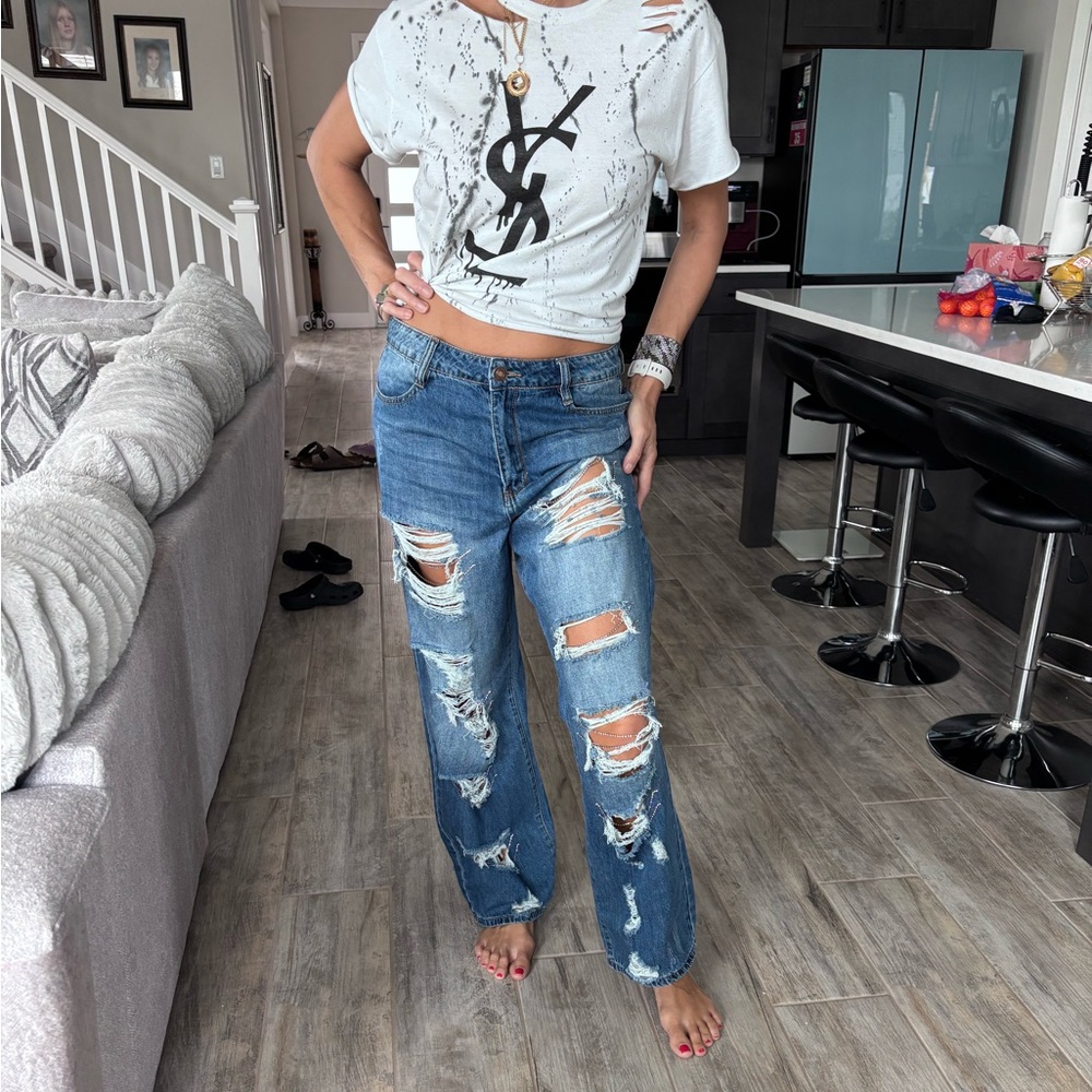 Distressed Blue Wide Leg Jeans